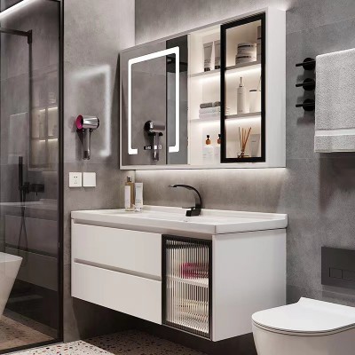 家用卫生间大理石浴室柜 挂墙式轻奢原木色洗手台厕所智能镜扫地